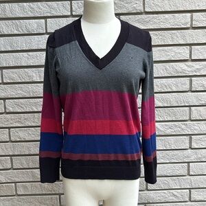Tommy Hilfiger Black, Grey, Burgundy and Blue Striped V-Neck Sweater Sz M